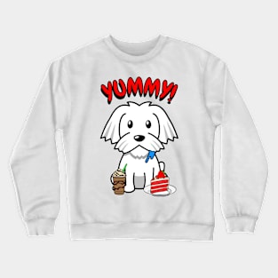 Cute white dog is having coffee and cake Crewneck Sweatshirt